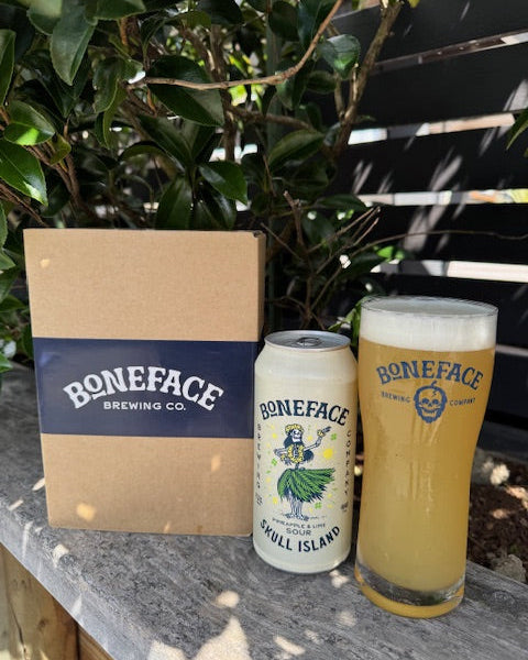 Two cans of Boneface Brewing Co. beer on a cardboard box with a plant in the background.